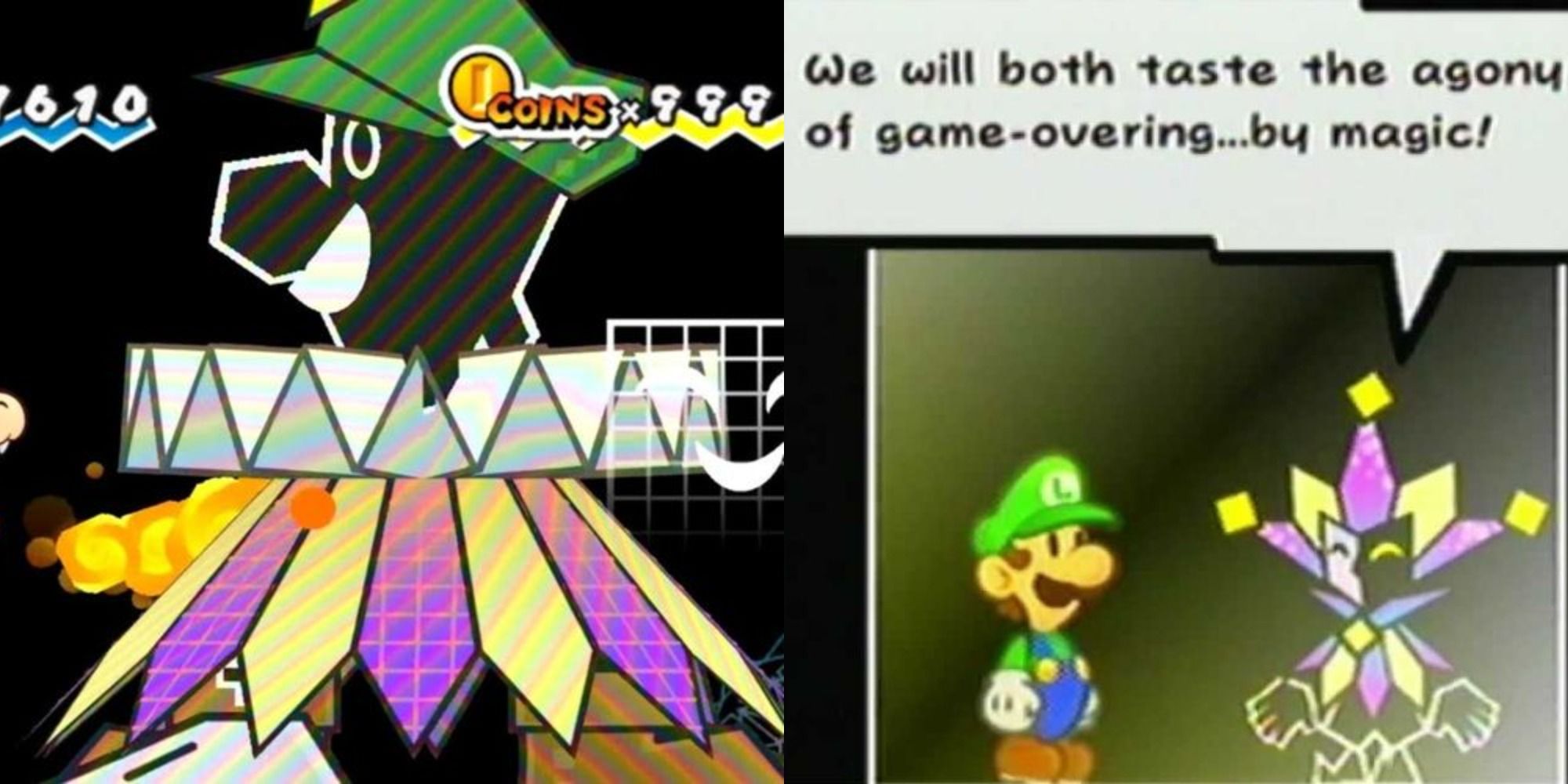 Dimentio in Super Paper Mario - Two side by side images.