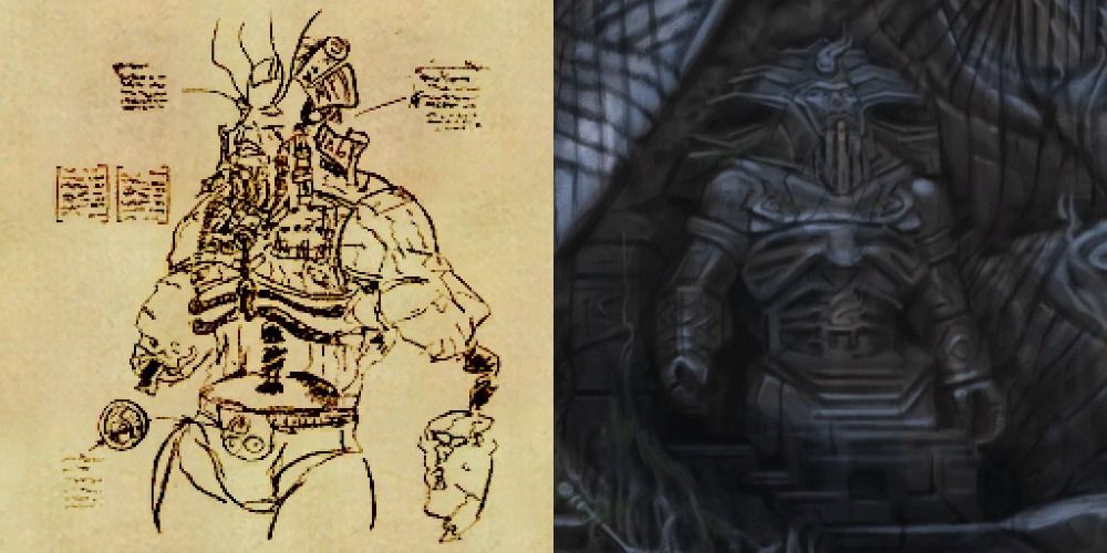 A drawing of the Numidium and the Numidium depicted on Alduin&rsquo;s Wall.