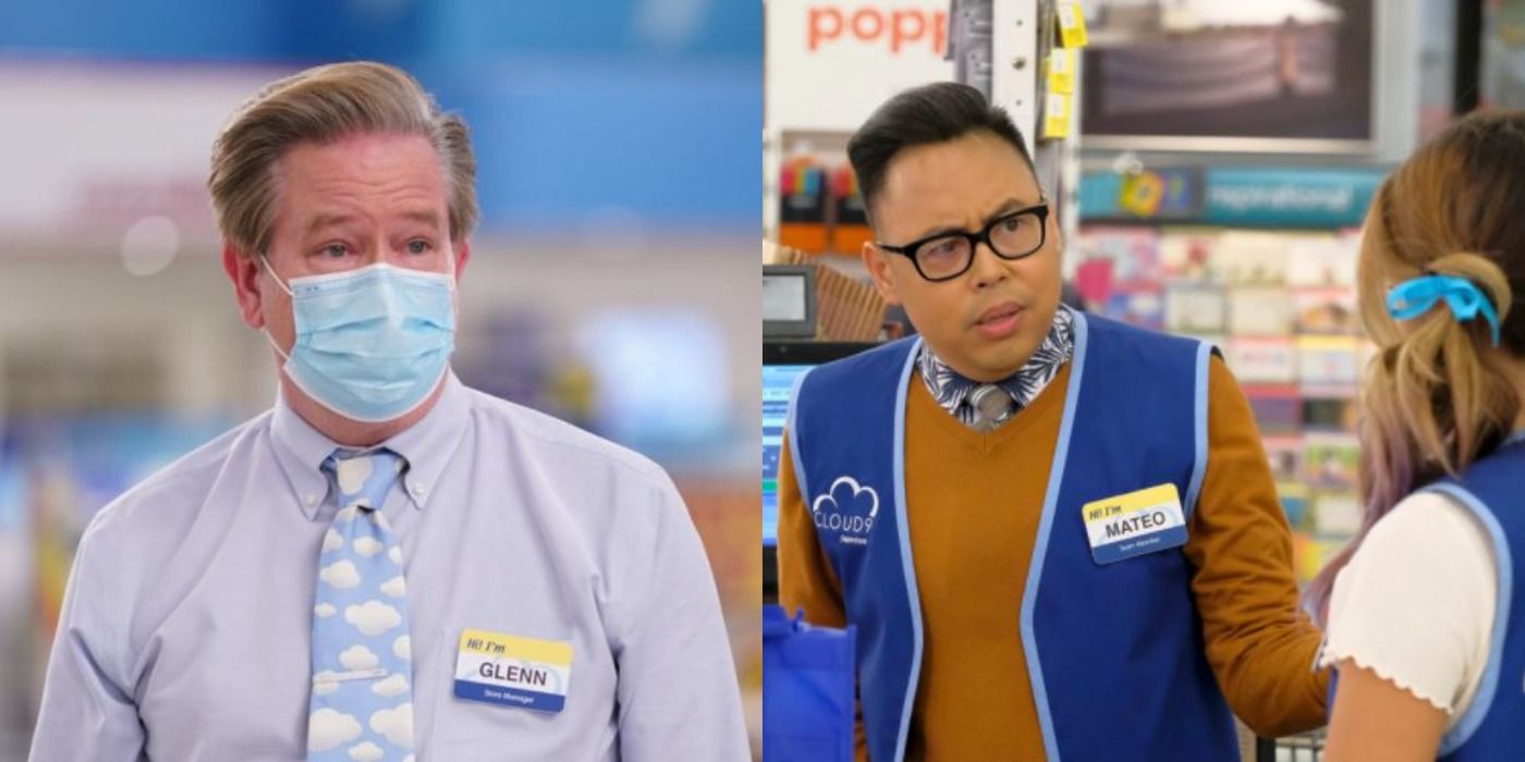 Glenn wearing a surgical mask and Mateo talking to a colleague in Superstore