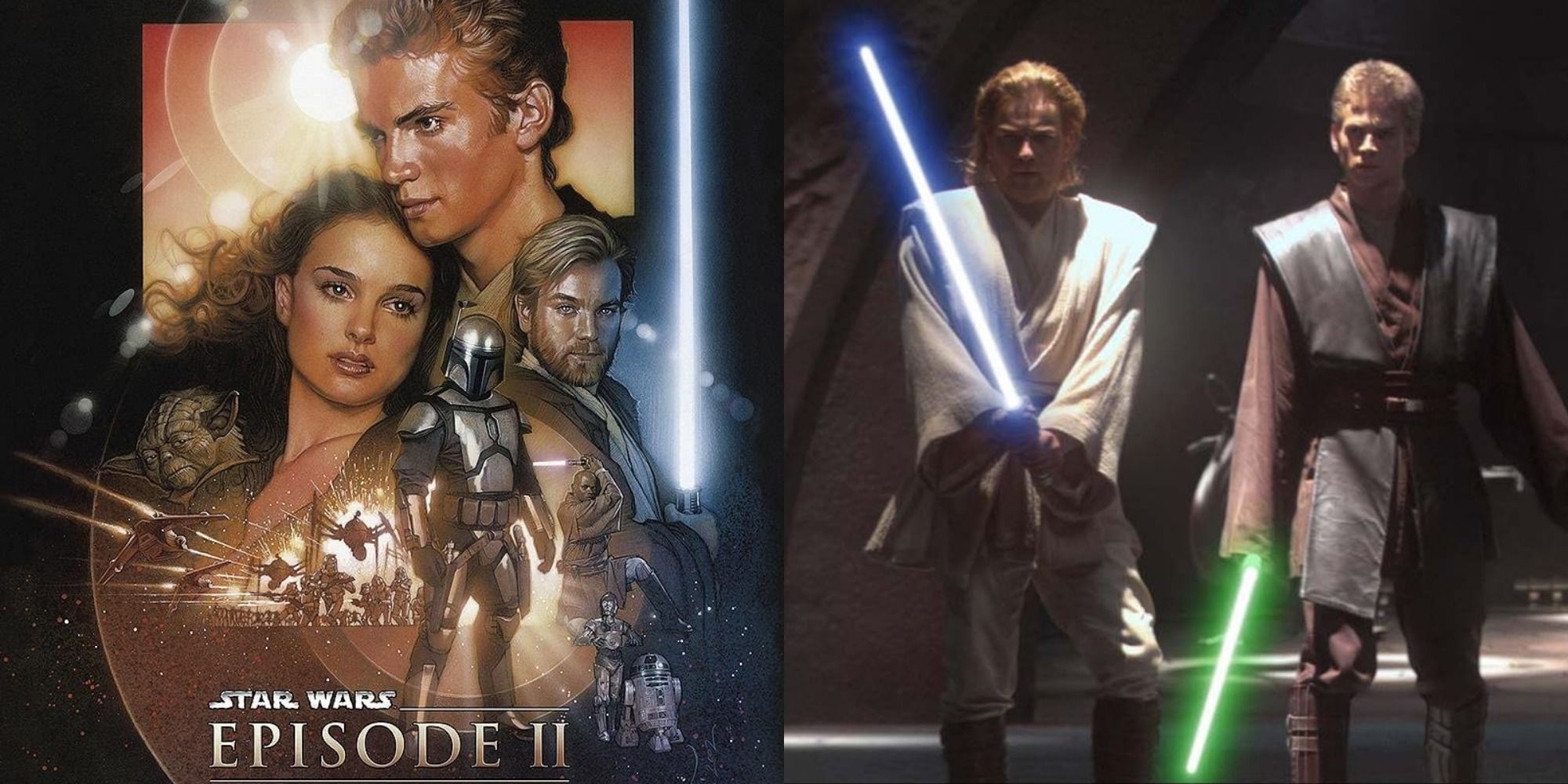Star Wars Attack of the Clones poster; Anakin and Obi-Wan with lightsabers