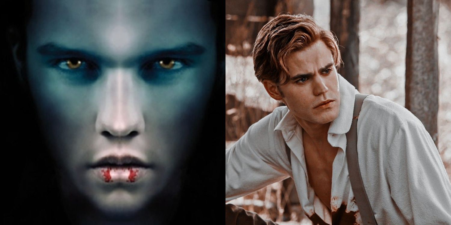 Split image of what Stefan should look like in the books and Stefan Salvatore from The Vampire Diaries show