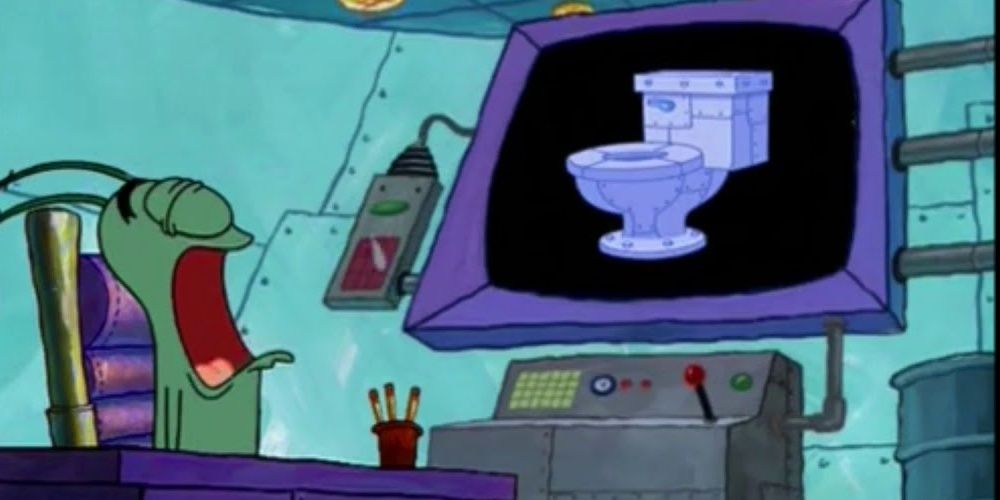 Plankton screaming as Karen displays a toilet on her monitor.