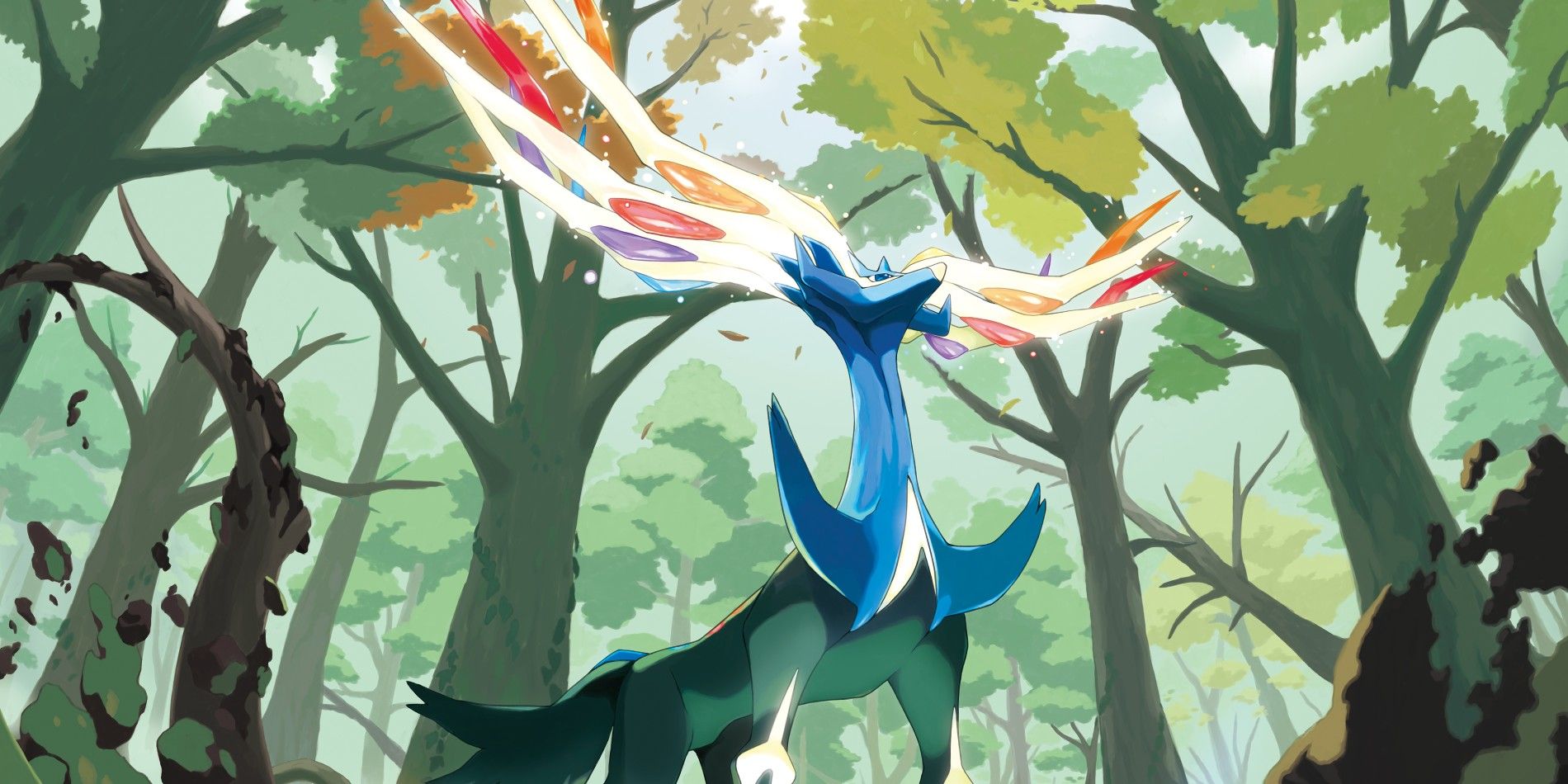 Xerneas in a forest in artwork for Pokémon X &amp; Y
