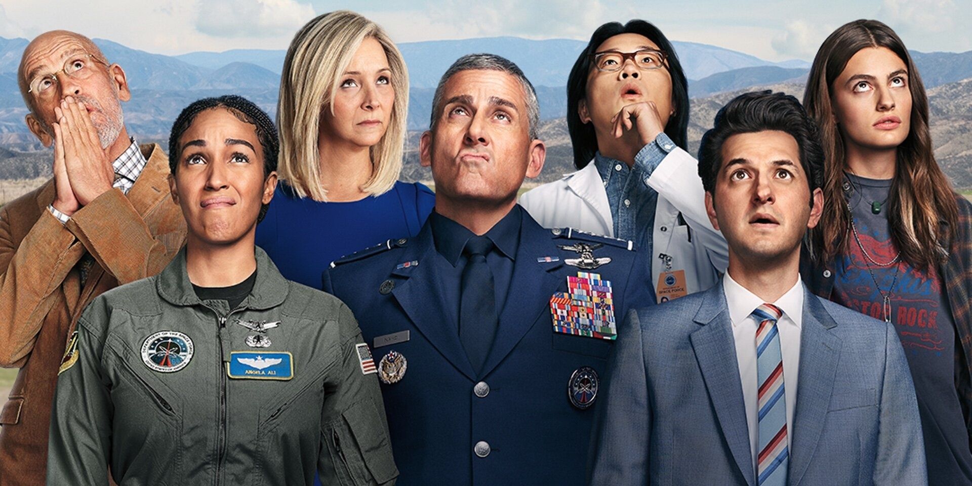 poster for Space Force featuring the cast including Steve Carell, John Malkovich, Ben Schwartz