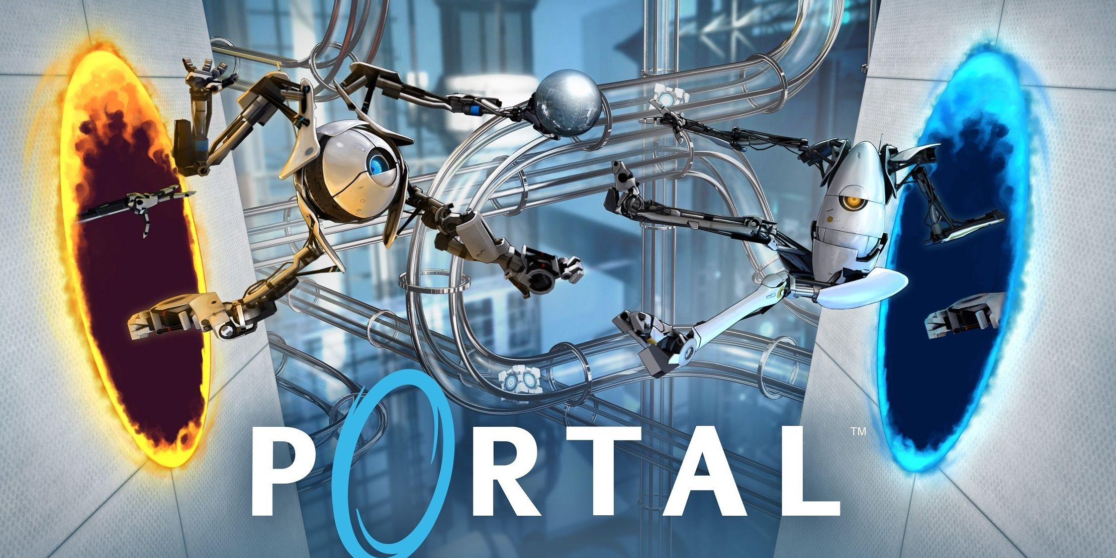 poster for the video game Portal featuring two robots passing through two portals