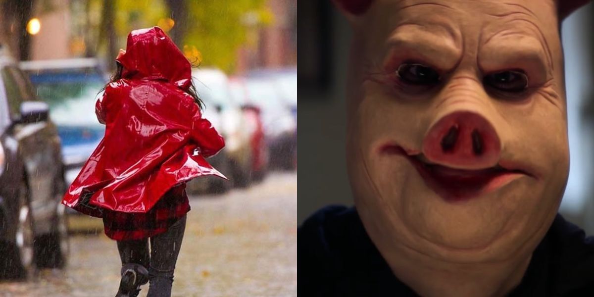 Kalya wearing red rain coat and character wearing pig mask in Tell Me a Story 