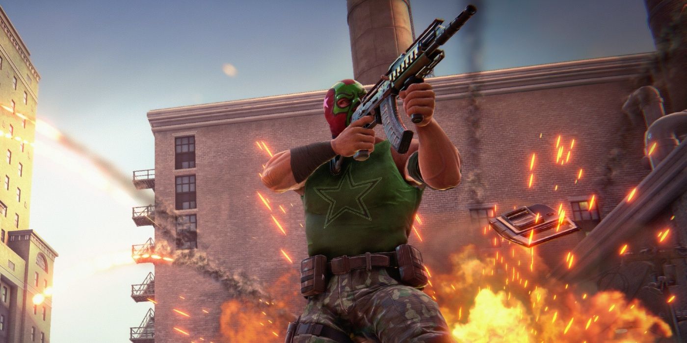 An image of a player surrounded by explosions in Saints Row The Third gameplay