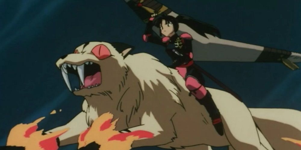 Sango rides Kirara while fighting in Inuyasha