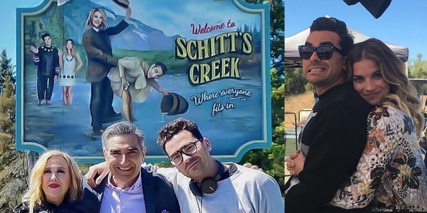 Catherine O'Hara, Eugene Levy, and Dan Levy in front of town sign/Dan Levy and Annie Murphy hugging