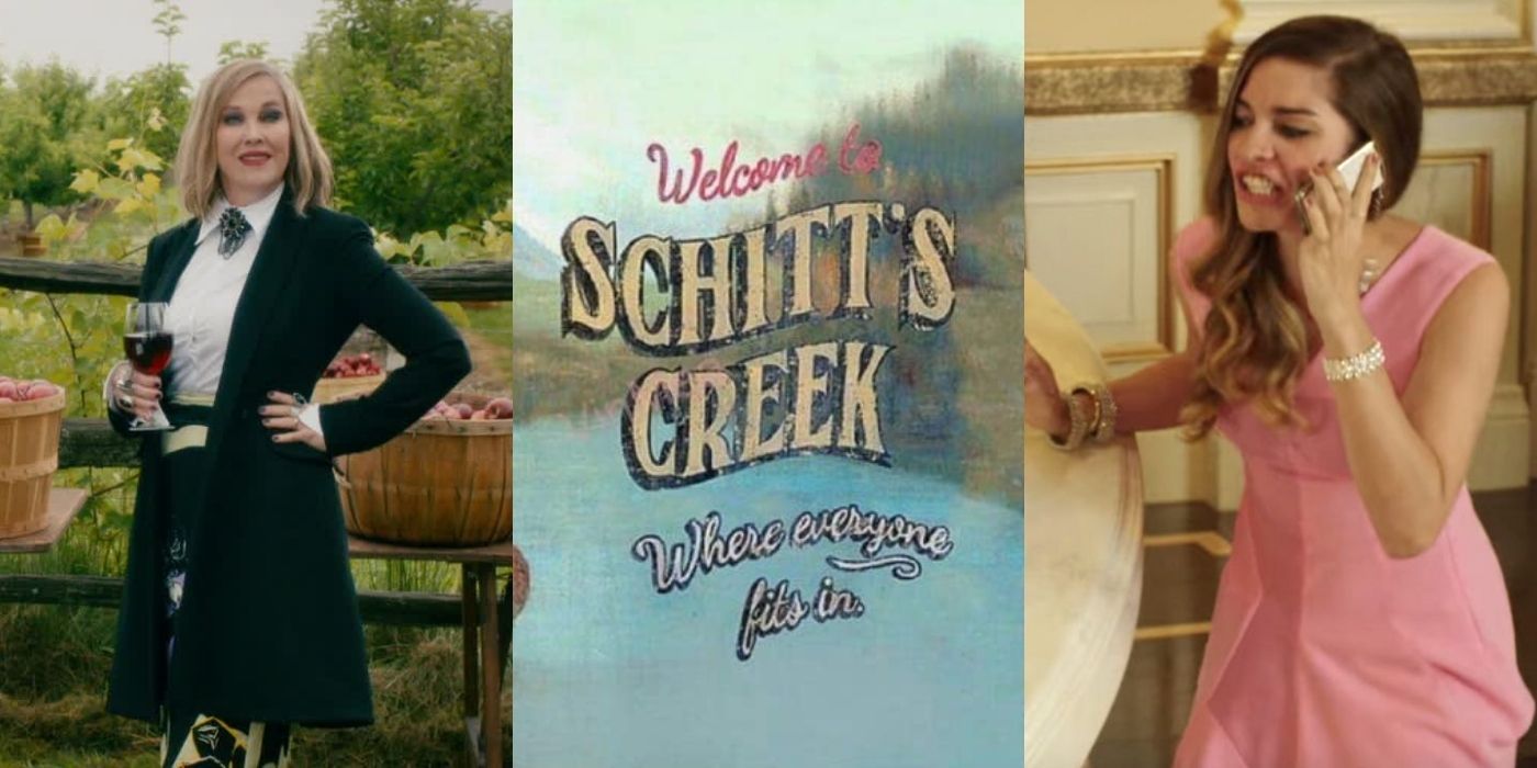 Moira at winery/Schitt's Creek town sign/Alexis on phone