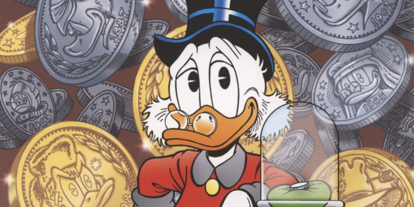 Scrooge McDuck stares in happiness in front of a money backdrop.