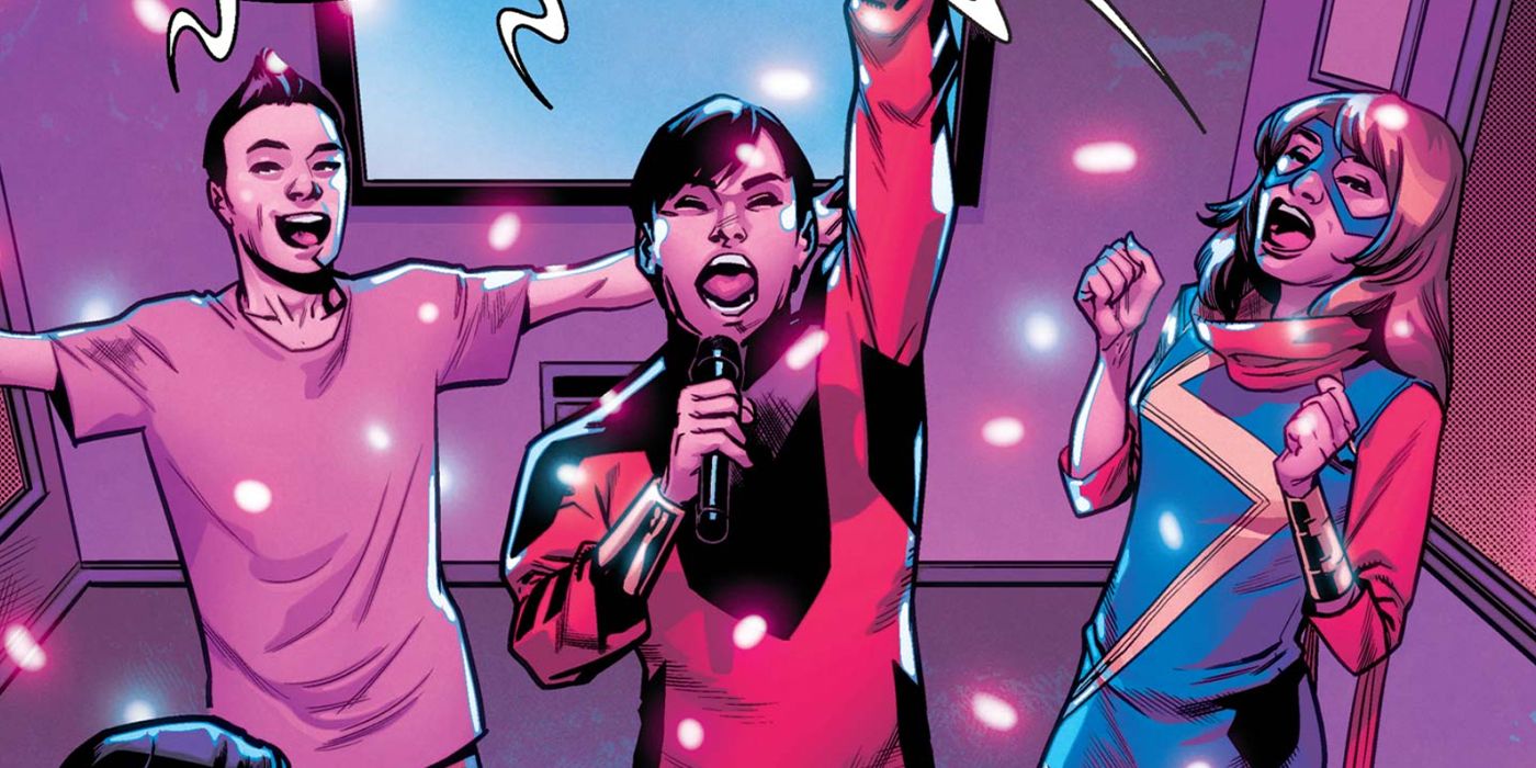 Shang-Chi doing karaoke with Amadeus Cho and Ms. Marvel in Totally Awesome Hulk #15.