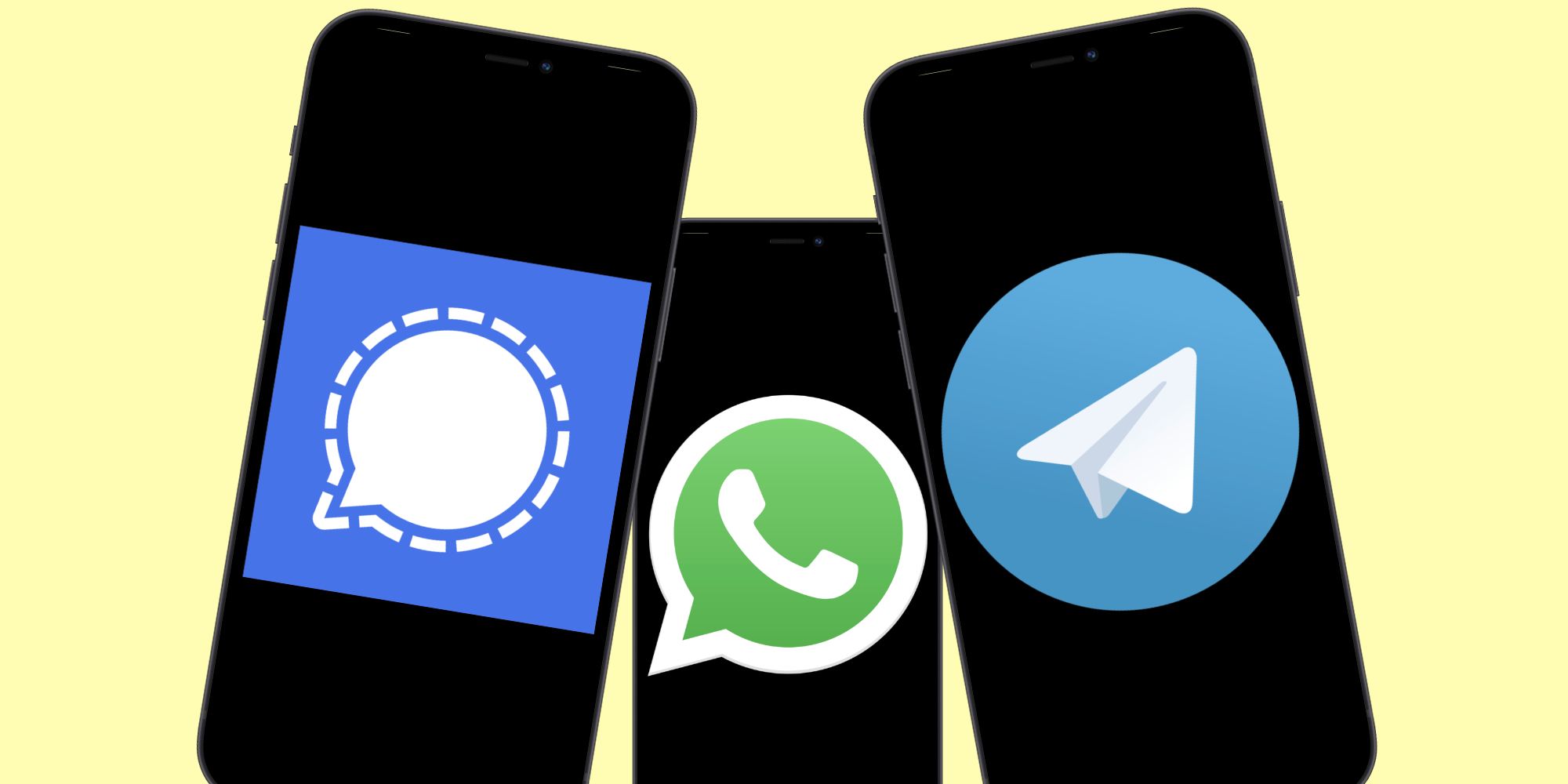 Signal, WhatsApp, and Telegram logos on iPhones