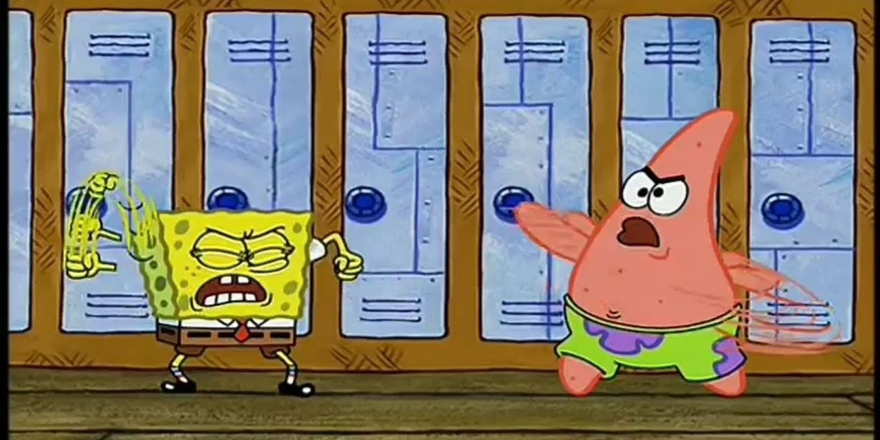 SpongeBob and Patrick fighting in boating school.
