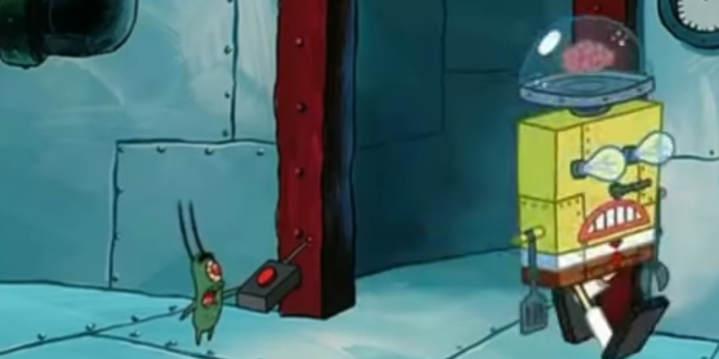 SpongeBob as an employee of Plankton's Chum Bucket.