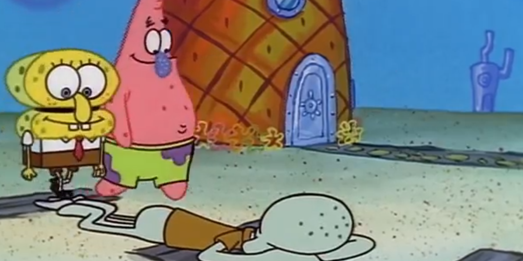 Squidward crying after real estate agent leaves.