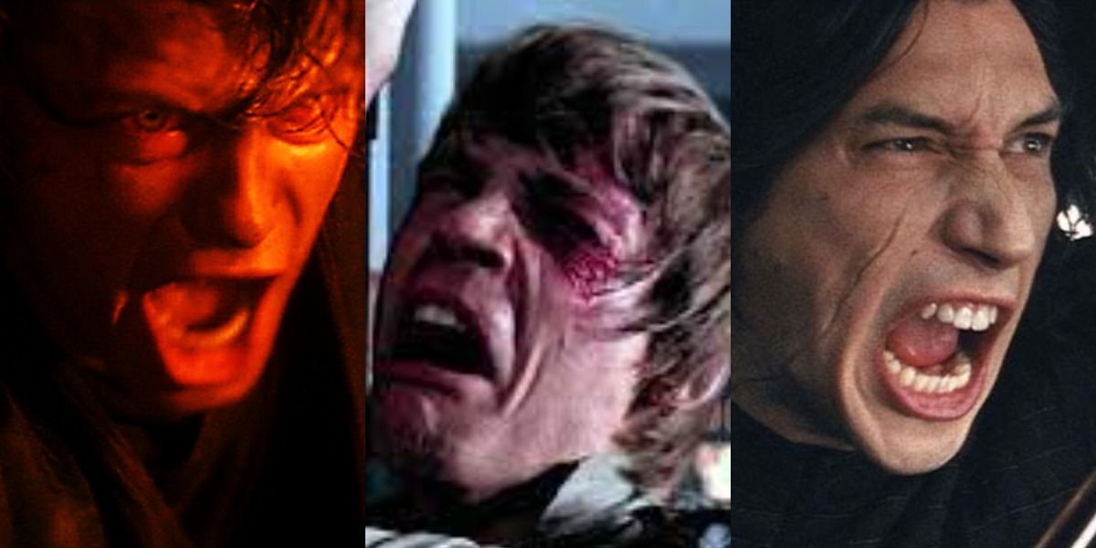 A collage of Anakin Skywalker, Luke Skywalker, and Kylo Ren screaming in Star Wars