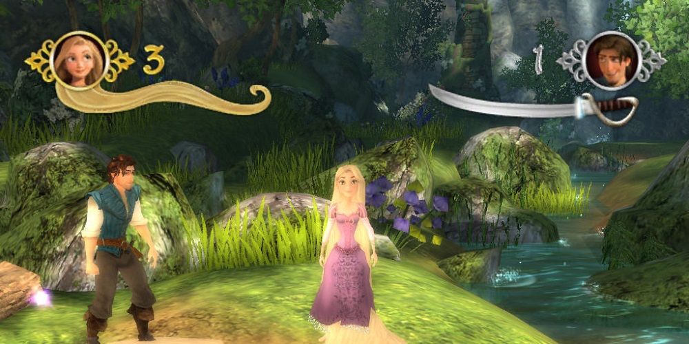 Rapunzel and prince in forest in Tangled video game