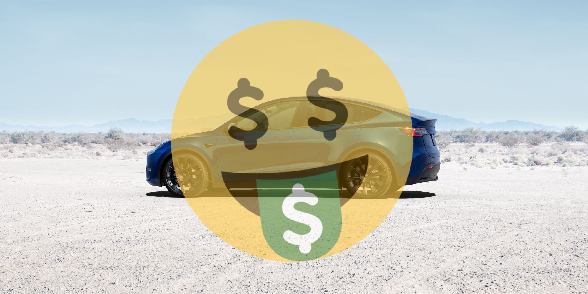 Tesla Model Y with a money emoji on top of it