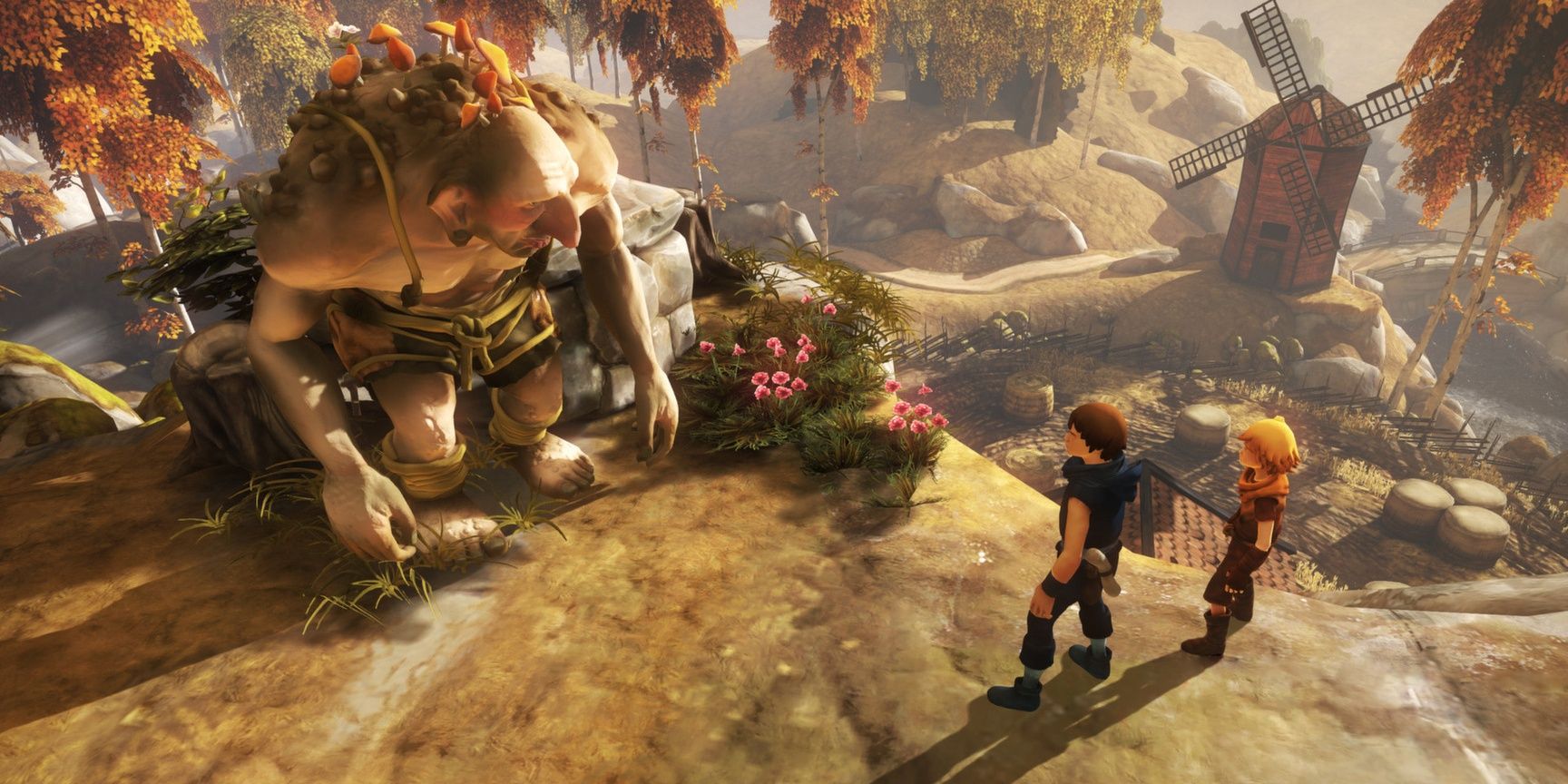 the brother's Naiee and Naia in Brothers: A Tale of Two Sons facing a giant troll-like creature
