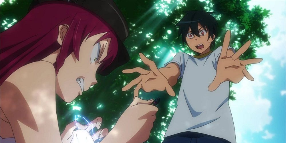 Two characters using powers against each other in the anime The Devil is a Part-Timer!