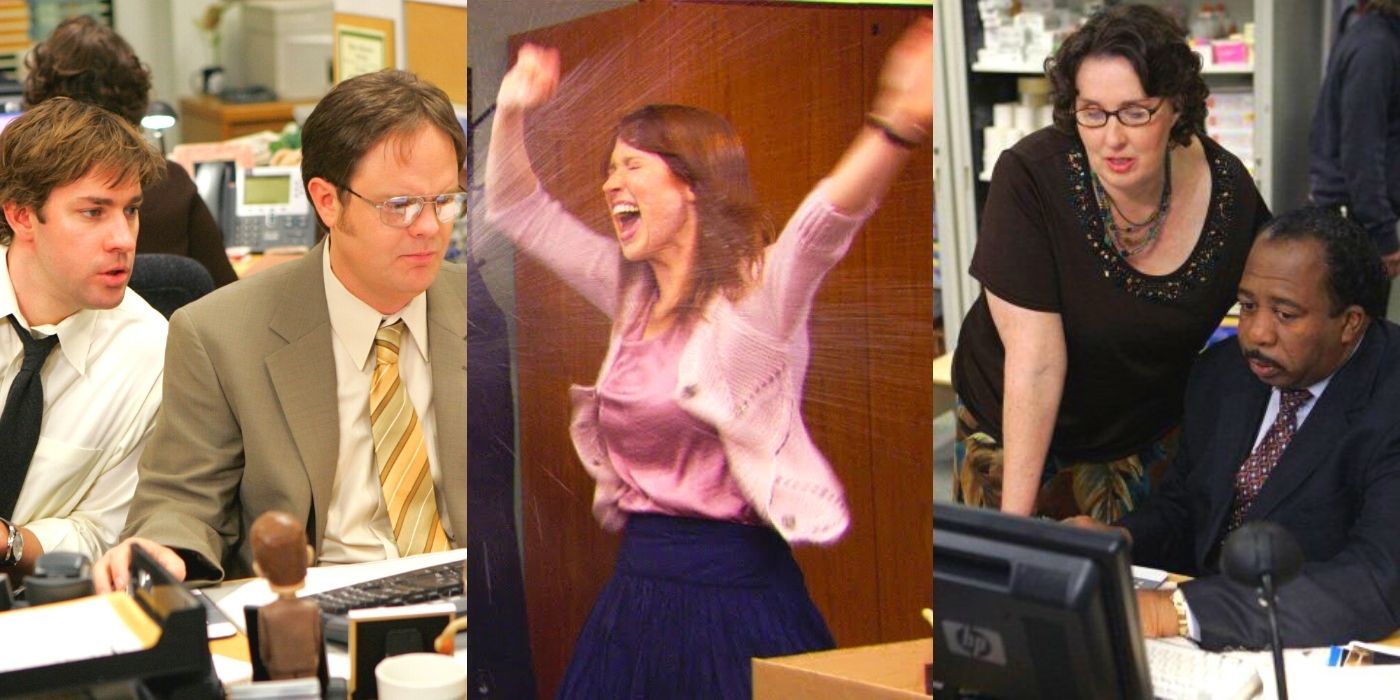 Jim and Dwight sitting next to each other/Erin dancing/Phyllis and Stanley near computer