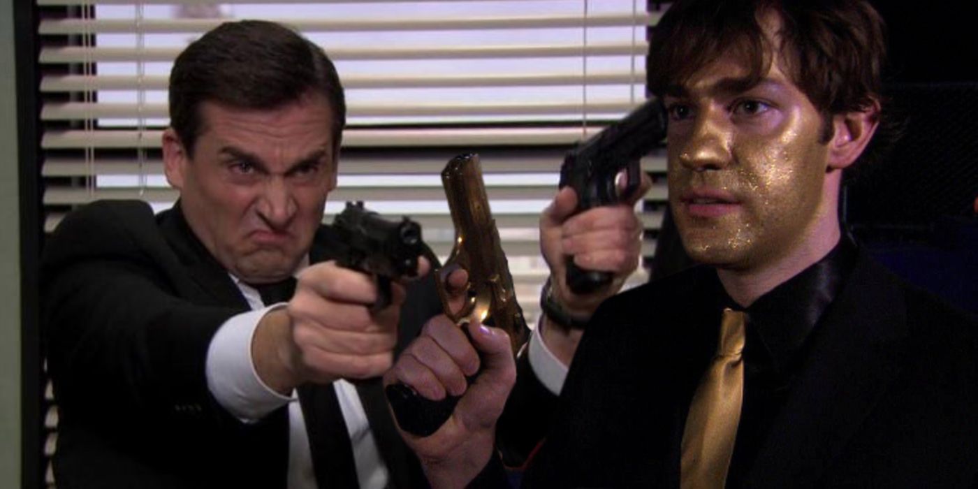 Michael Scott as Michael Scarn points a gun at Golden Face in Threat Level Midnight.