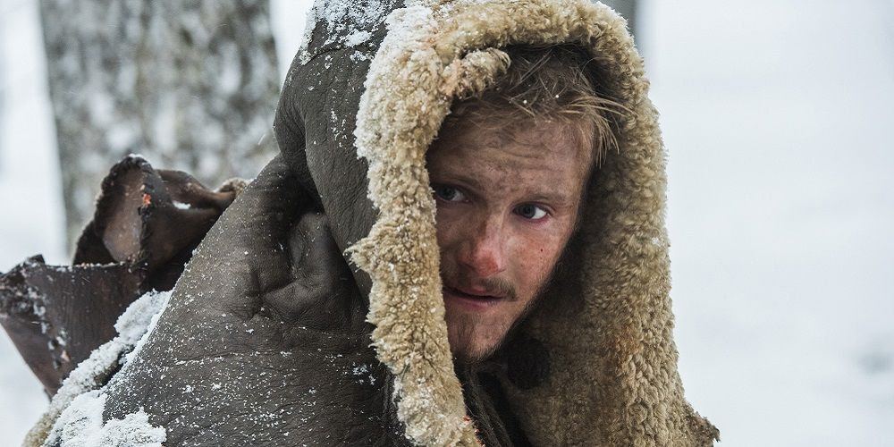 Bjorn wears hood in snow in Vikings