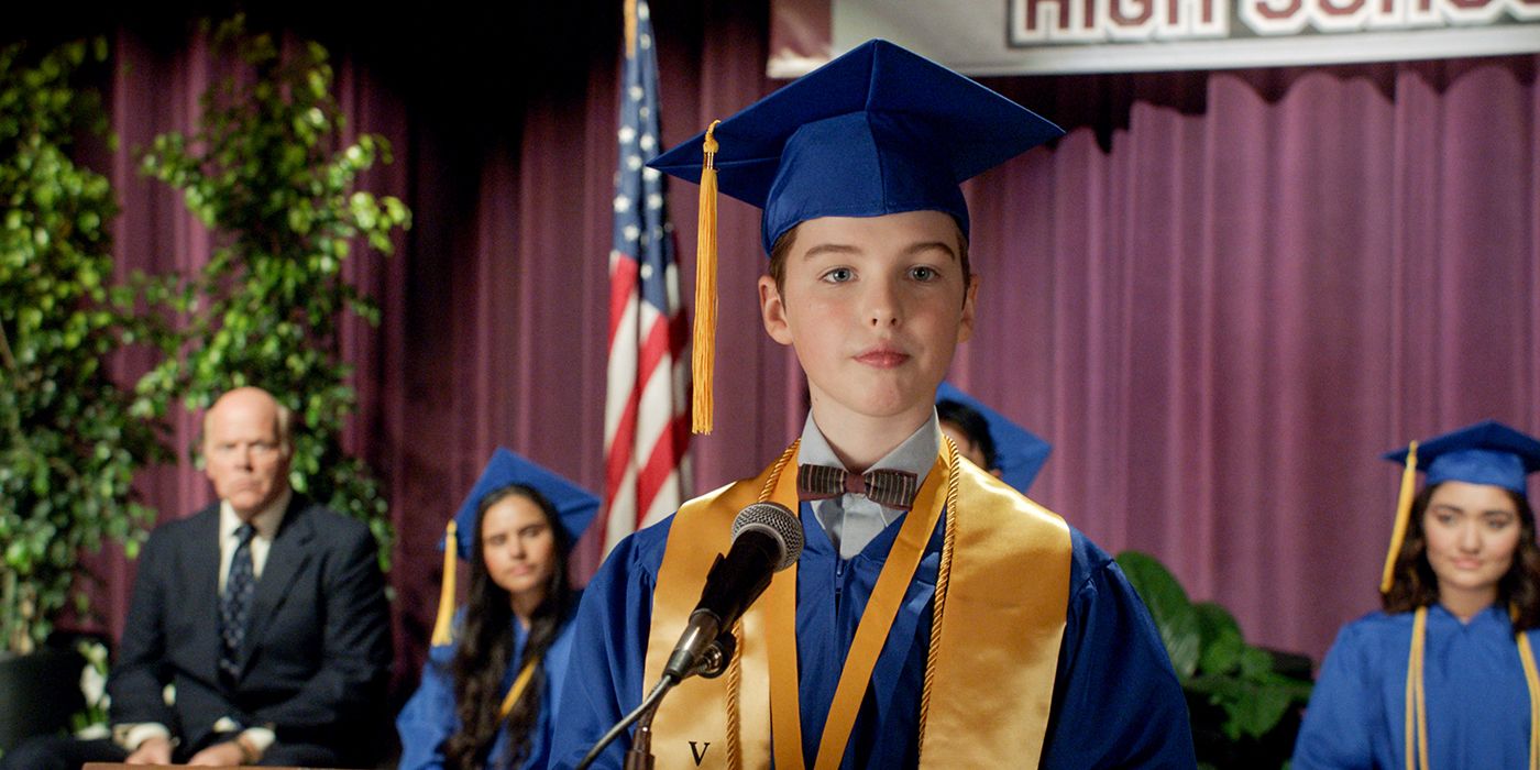 Sheldon Cooper in his high school graduation cap and gown on Young Sheldon