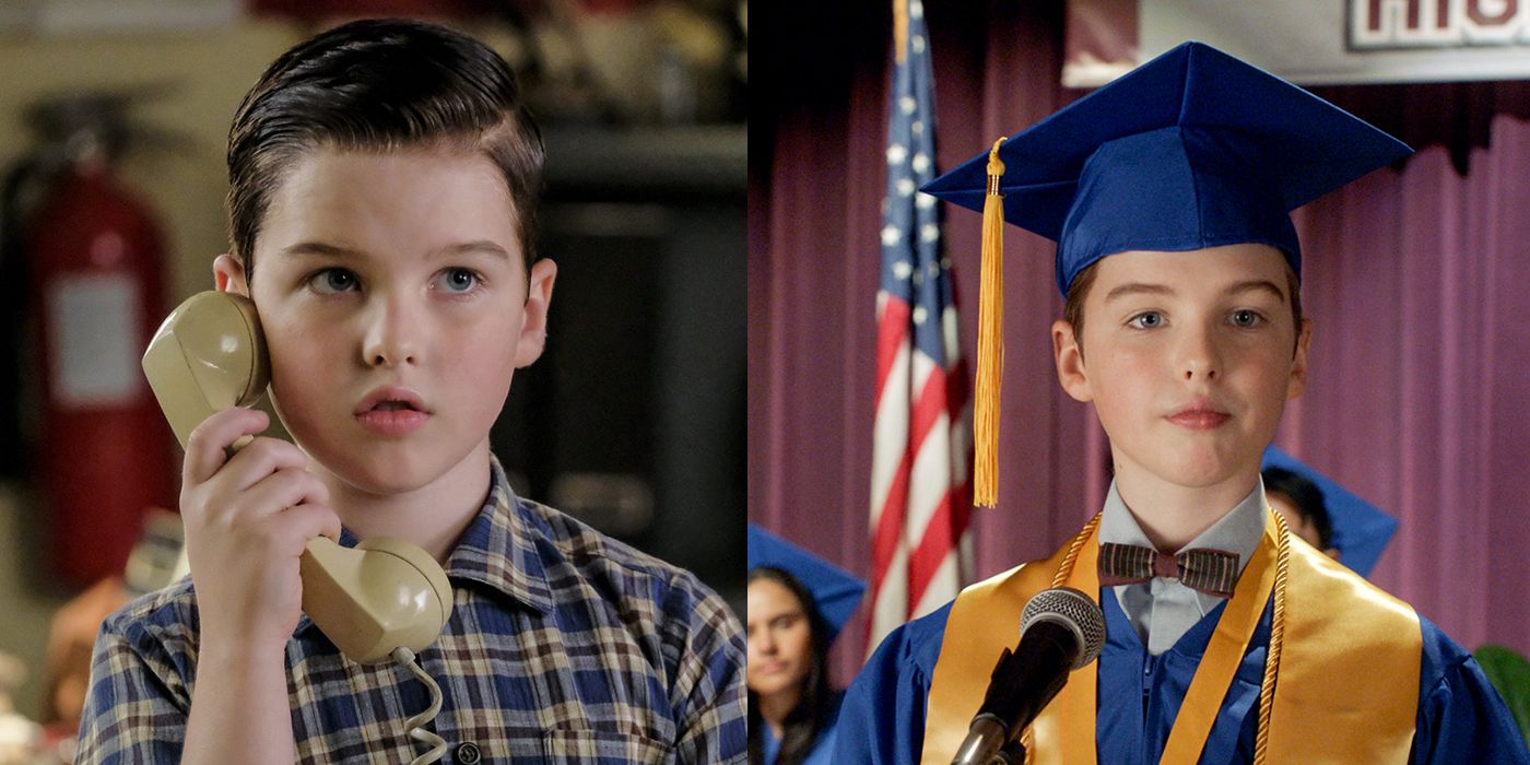 Split image of Sheldon on the phone and in his graduation cap and gown from Young Sheldon