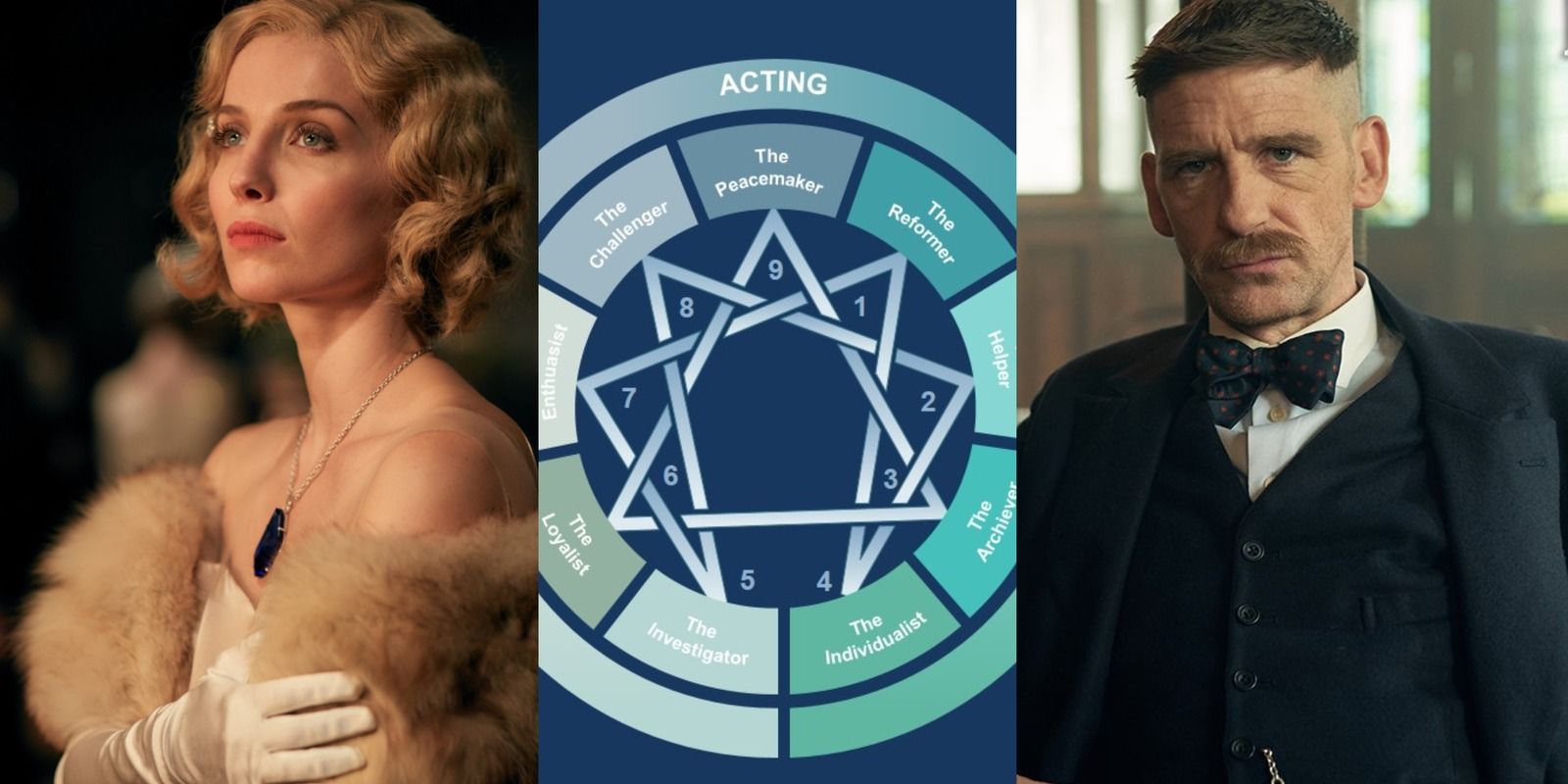 Grace and Arthur from Peaky Blinders an an Ennegram wheel in the center