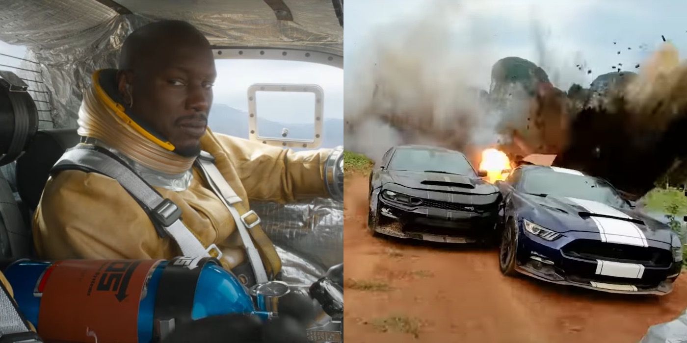 Split image of Rome in the rocket car and two cars crashing in to each other in Fast and Furious 9