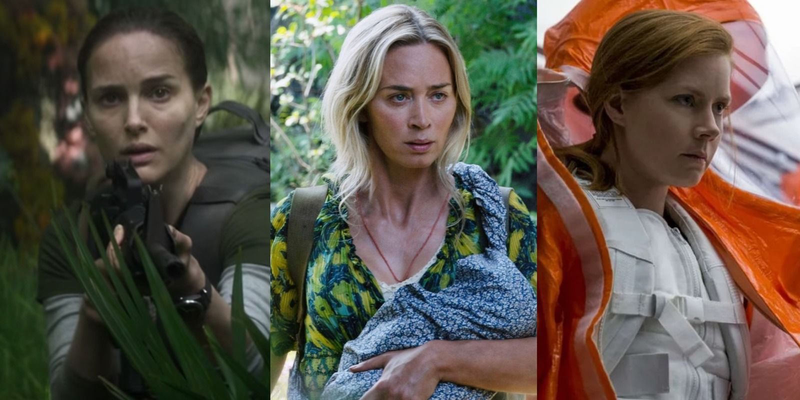 Split image of Natalie Portman in Annihilation, Emily Blunt in A Quiet Place and Amy Adams in Arrival