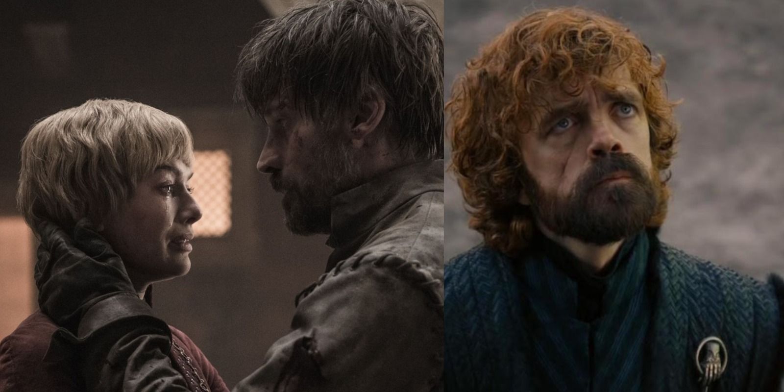 Split image of Game of Thrones scenes - Jaime and Cersei about to die and Tyrion looking up