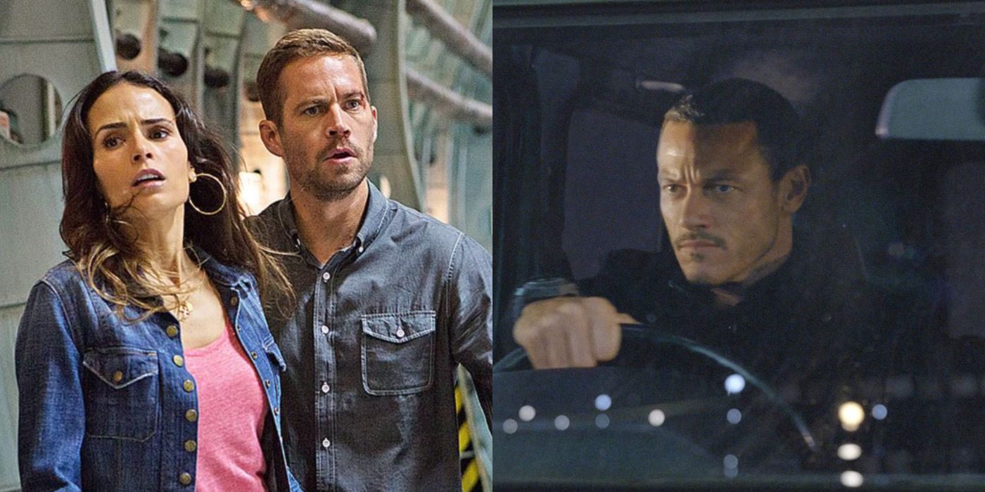 Split image of Brian, Mia, and Evan Shaw in Fast & Furious 6