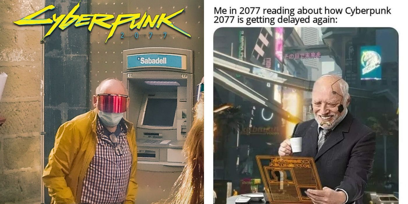 Split image of an old man who looks like a Cyberpunk 2077 character and a man in the future reading about another Cyberpunk delay
