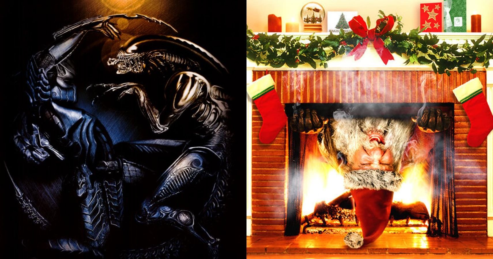A mock hieroglyph of the Xenomorph and Predator battling each other and an angry Santa Claus hangs upside down in a chimney.