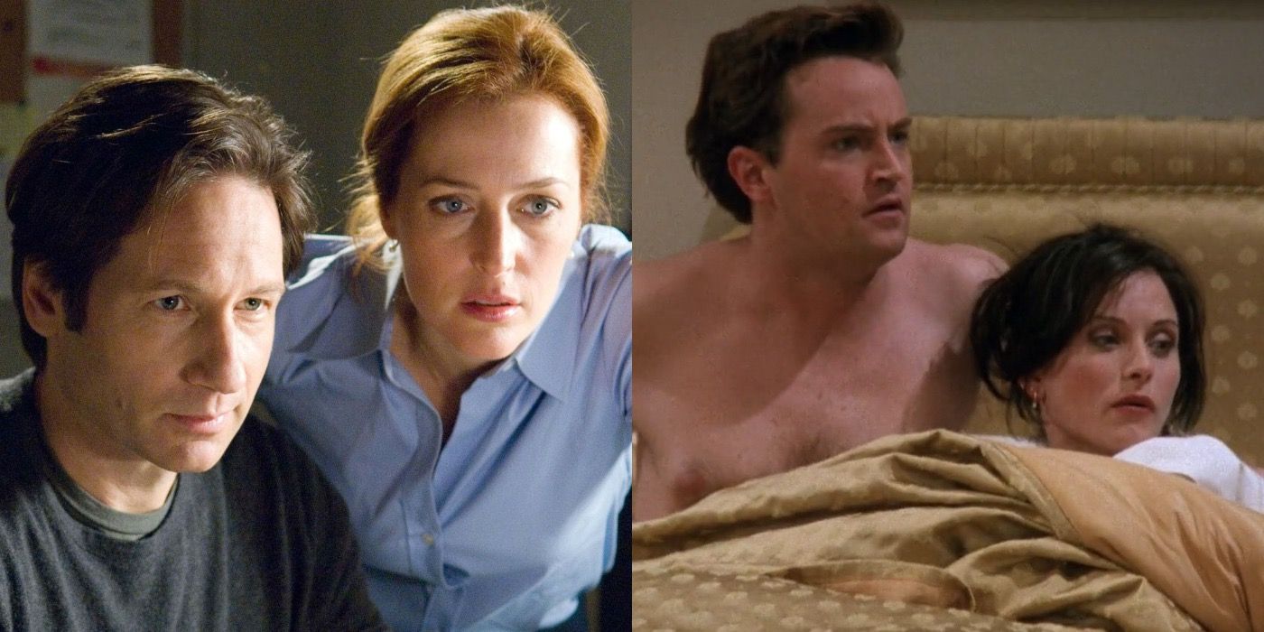 Split image of Mulder and Scully in The X-Files and Monica and Chandler in Friends