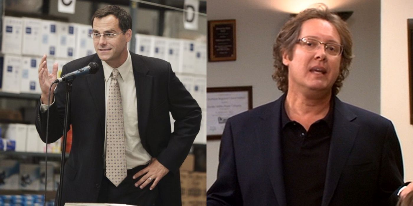 Split image of David Wallace and Robert California in The Office