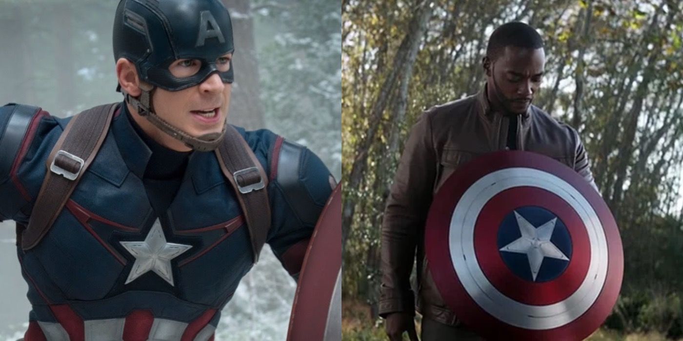 Captain America and Sam Wilson with the shield in the MCU side by side