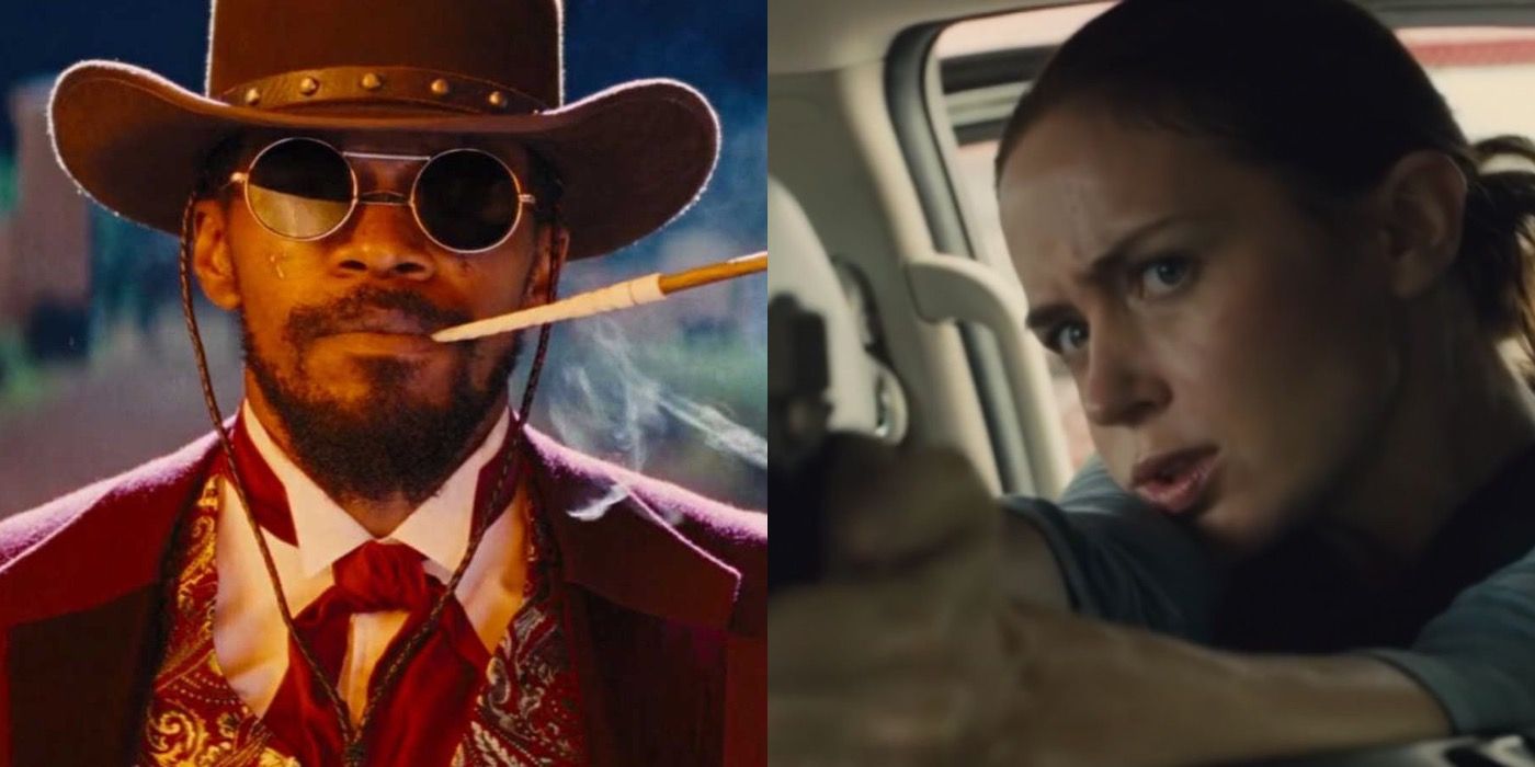 Split image of Django in Django Unchained and Kate in Sicario