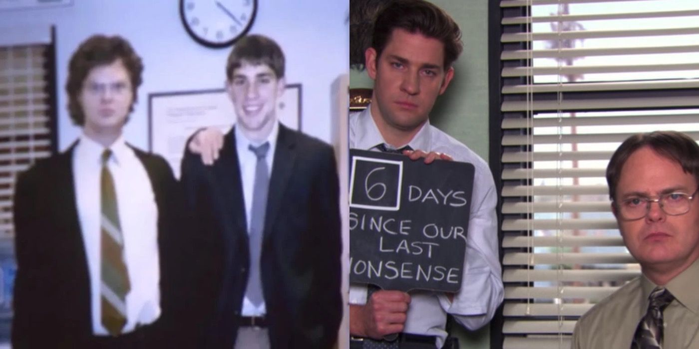 Split image of young Jim and Dwight, and Jim and Dwight in season 9 in The Office