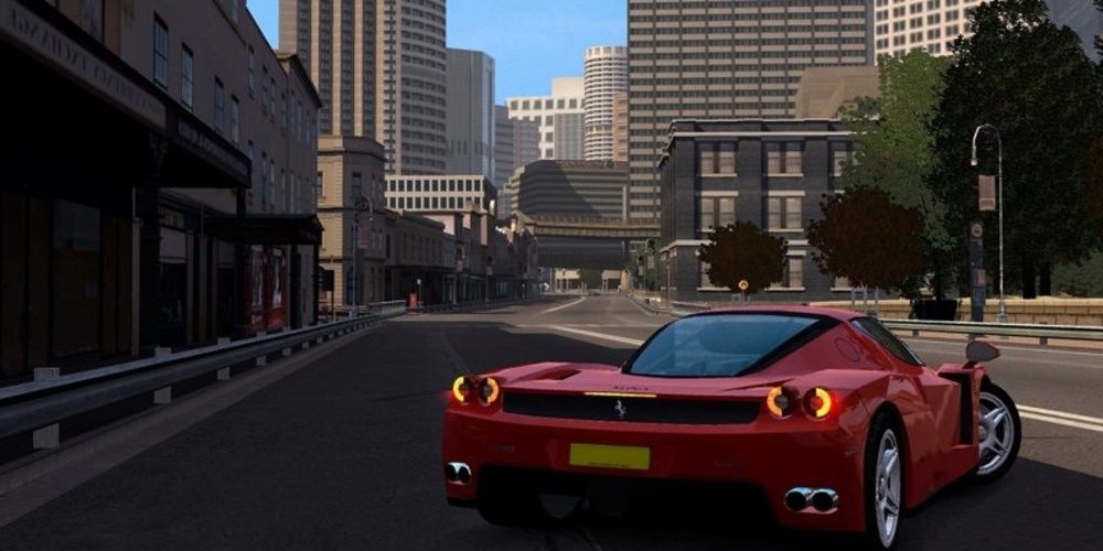 A Ferrari car parks on the road in Project Gotham Racing 4 
