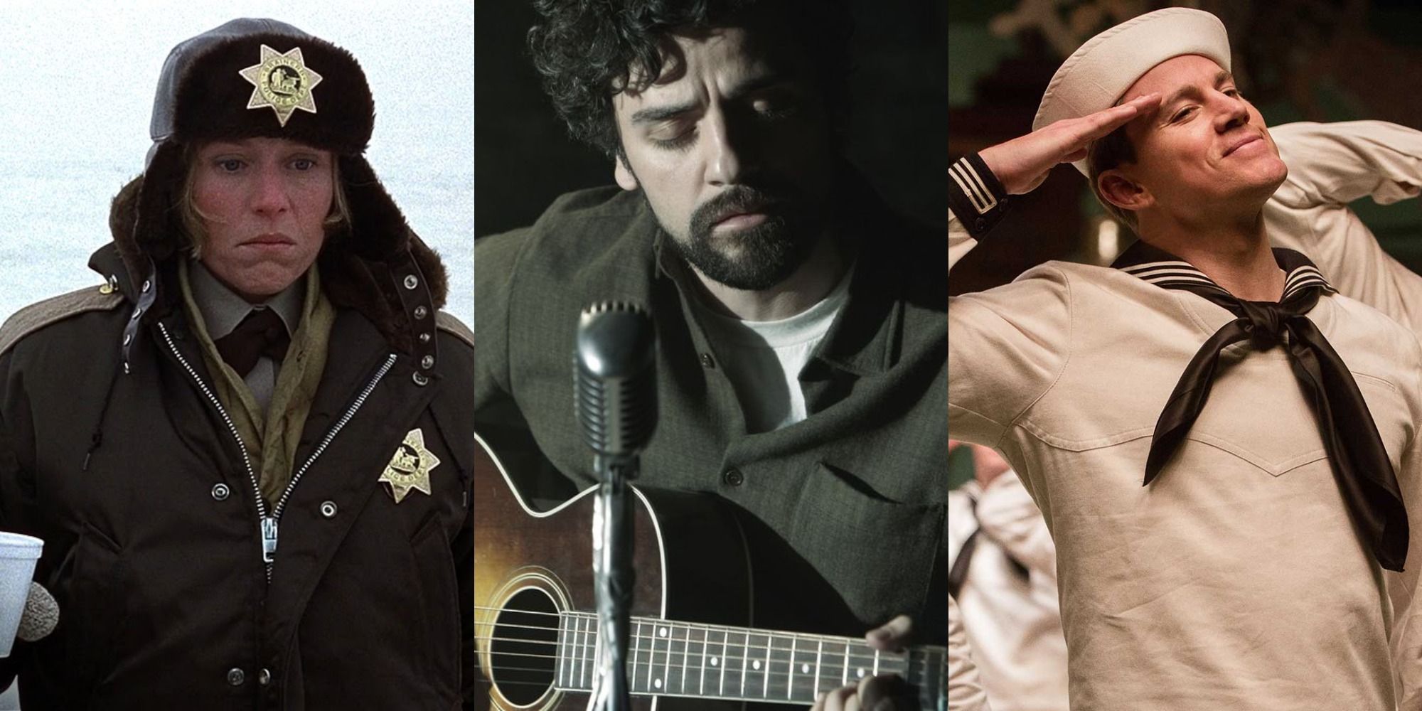 A collage of Frances McDormand standing outside in Fargo, Oscar Isaac playing guitar in Inside Llewyn Davis and Channing Tatum saluting in a sailor suit in Hail Caesar!