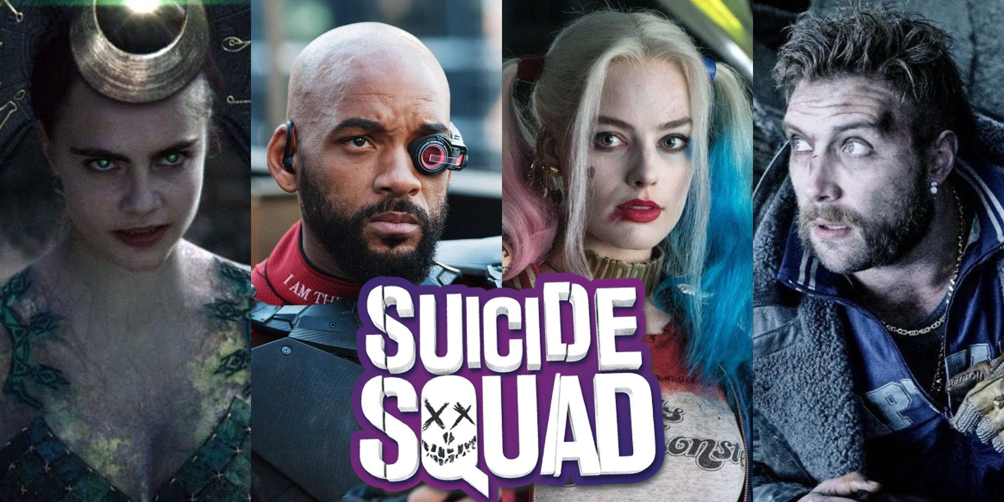 A collage of the faces of Enchantress, Deadshot, Harley Quinn and Captain Boomerang in Suicide Squad with the logo over the top