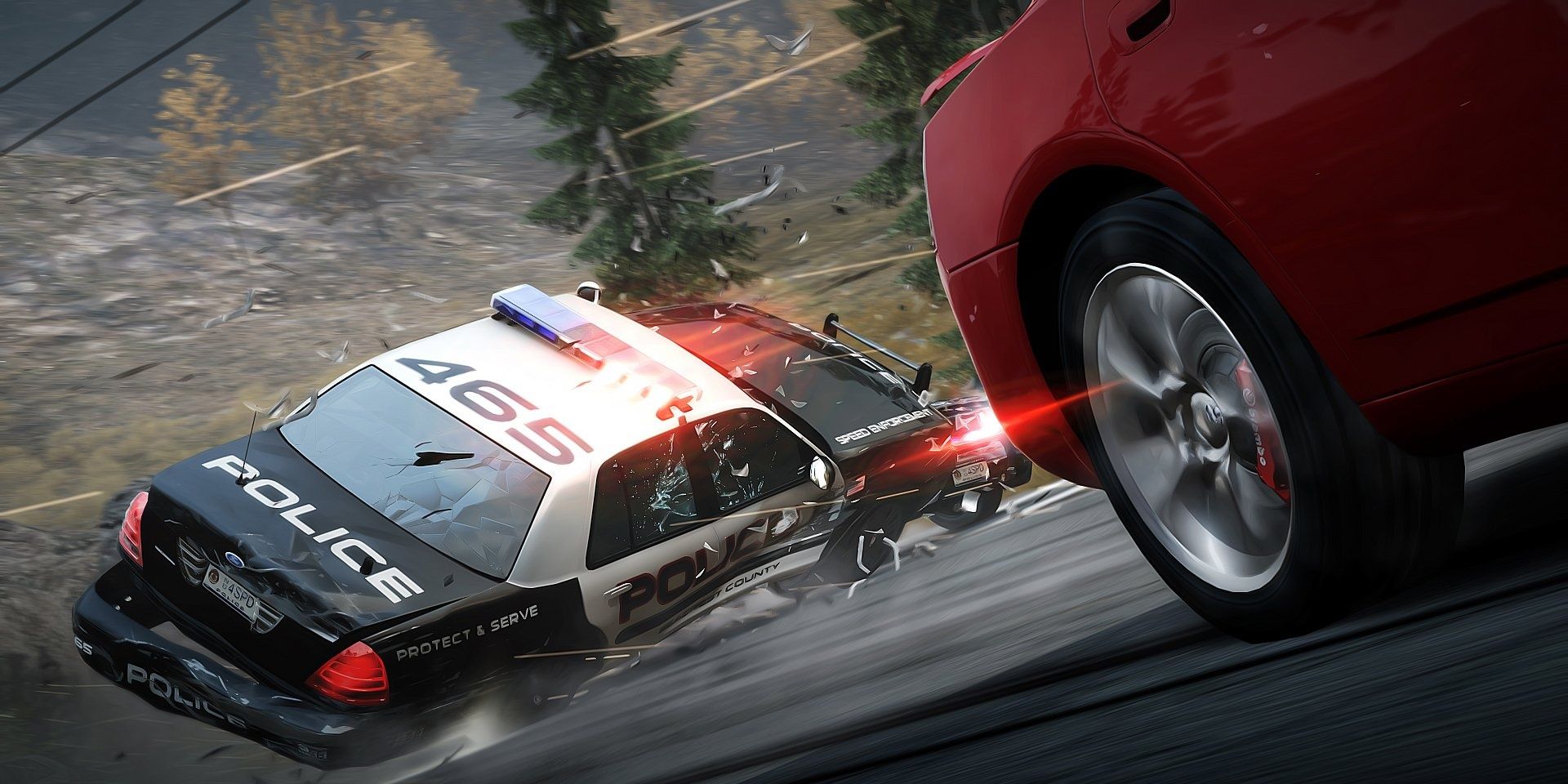 A police car is flipped over while another races away in Need for Speed III Hot Pursuit 