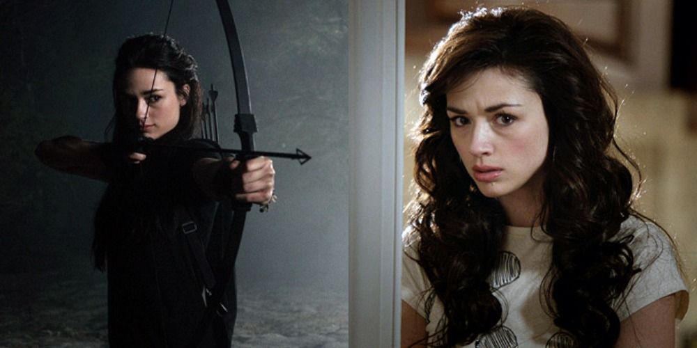 A split image of Allison Argent pointing an arrow at someone and her looking concerned in Teen Wolf