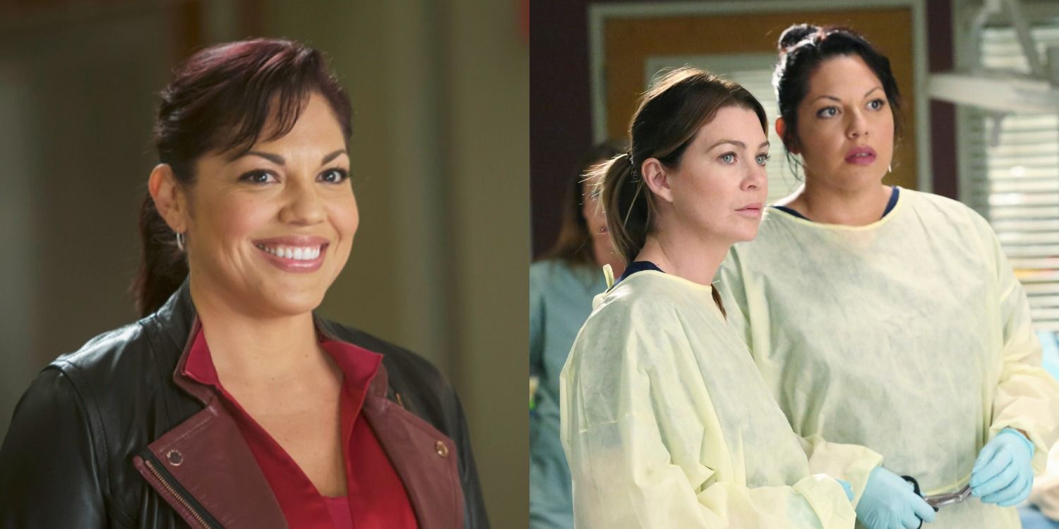 A split image of Callie smiling and Meredith and Callie in the operating room in Grey&rsquo;s Anatomy