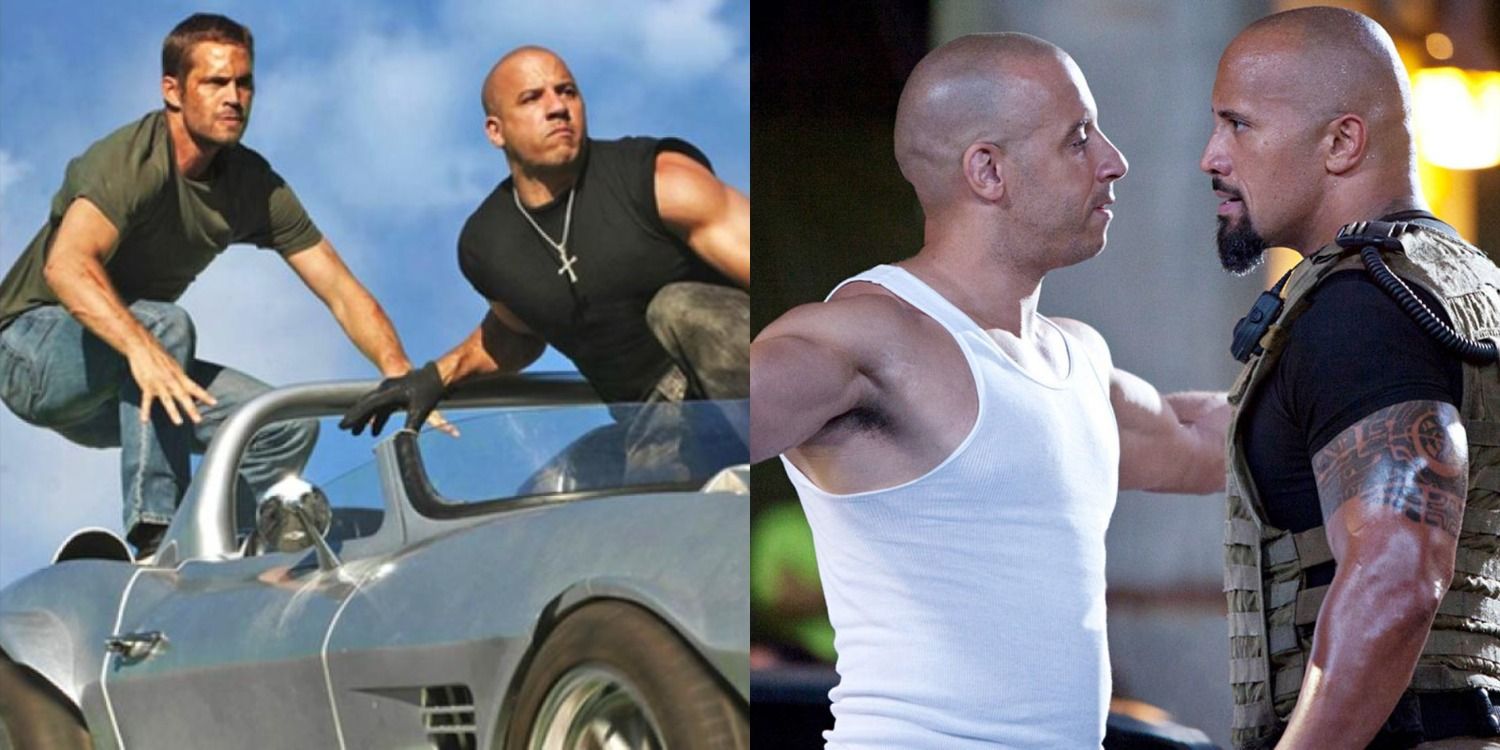 A split image of Dom and Brian standing on a car and Dom and Hobbs squaring off against one another in the Fast Five