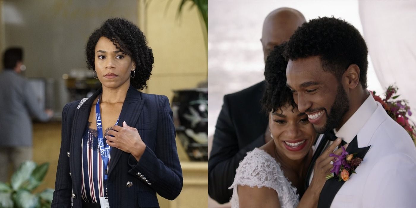 A split image of Maggie at a medical conference and Maggie and Winston at their wedding in Grey's Anatomy